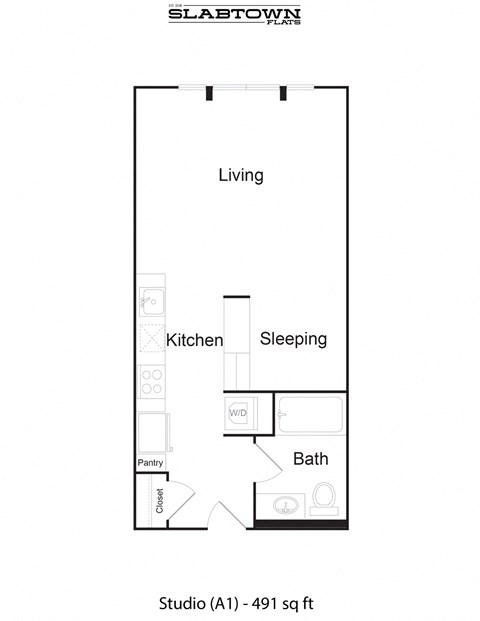 Floor plan for studio, 1 bath, 491 sqft